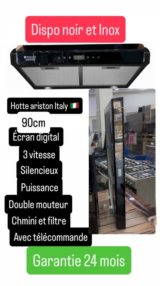 Hotte ariston Italy 🇮🇹 90 digital 3 vitesse disponible noir et Inox garantie 24 mois