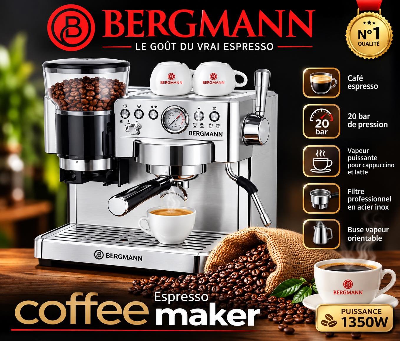 Machine A Expresso BERGHMAN GERMANY Avec Moulin 1350 W 20 Bars Semi-Automatique Poudre Et Capsule 4En1 INOX COMPLET GARANTIE 24 MOIالسعر 4ملايين و 900 الف 90