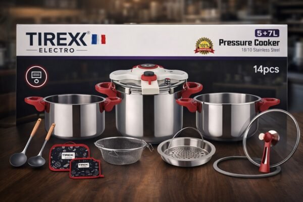 طقم طناجر ماركة تيركس 14 قطعة مع طنجرتين ضغط 5 و 7 لتر tirex 🇫🇷 انوكس اصلي 18/10